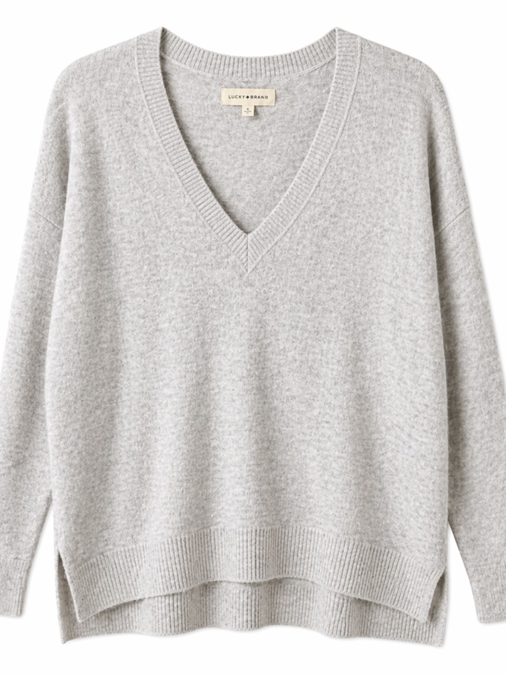 Lucky Brand Light Gray V-Neck Sweater Oversized Tunic Cozy Soft Size‎ Small